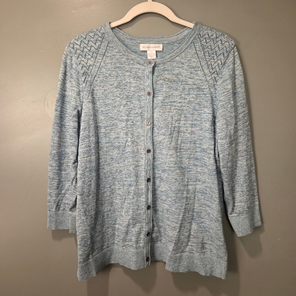 Christopher & Banks Women's L 3/4 Sleeve Button Up Cardigan Blue Lightweightβ